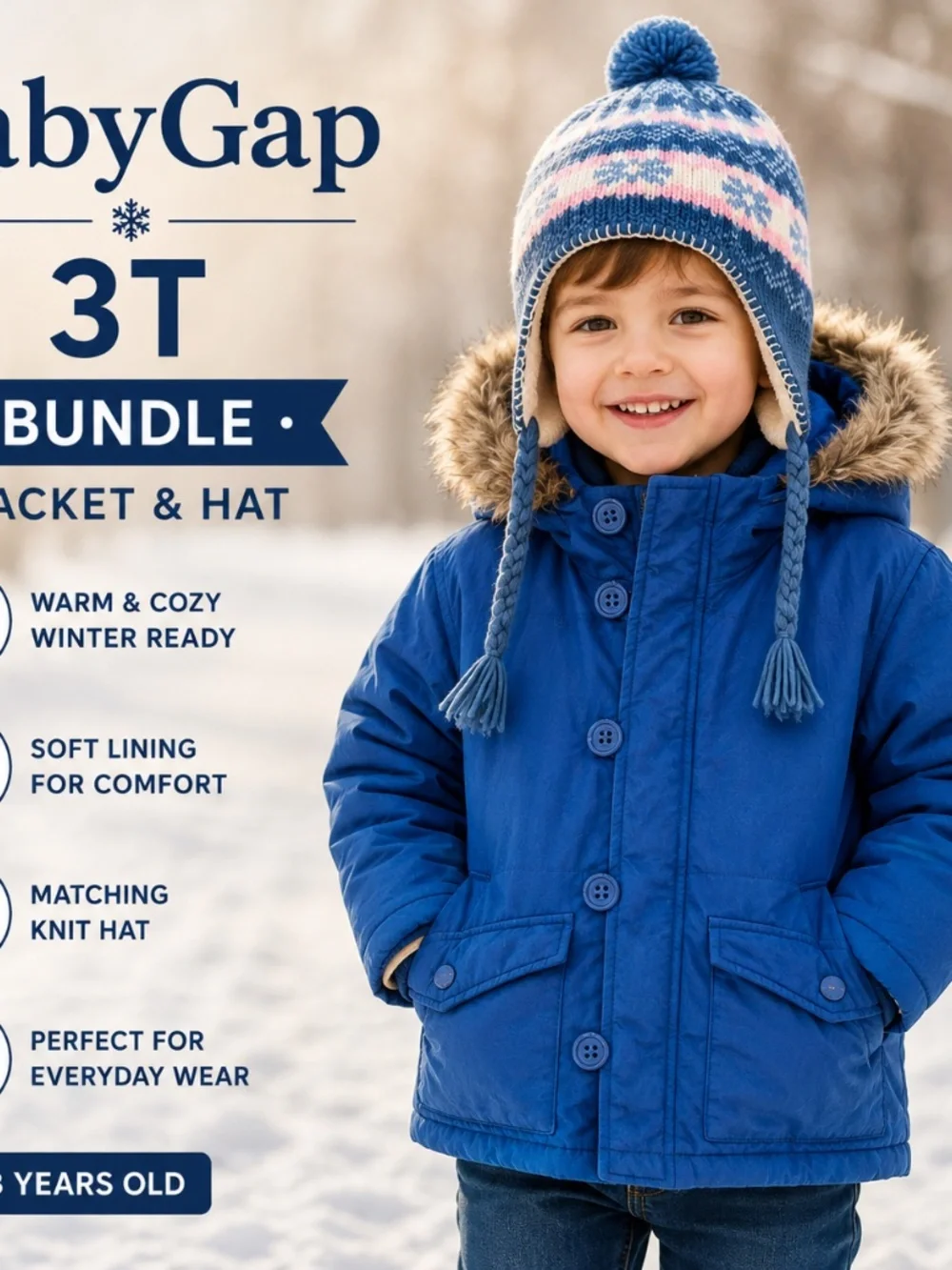 Baby Gap Boys 3T Blue Winter Parka Coat & Knit Hat Bundle